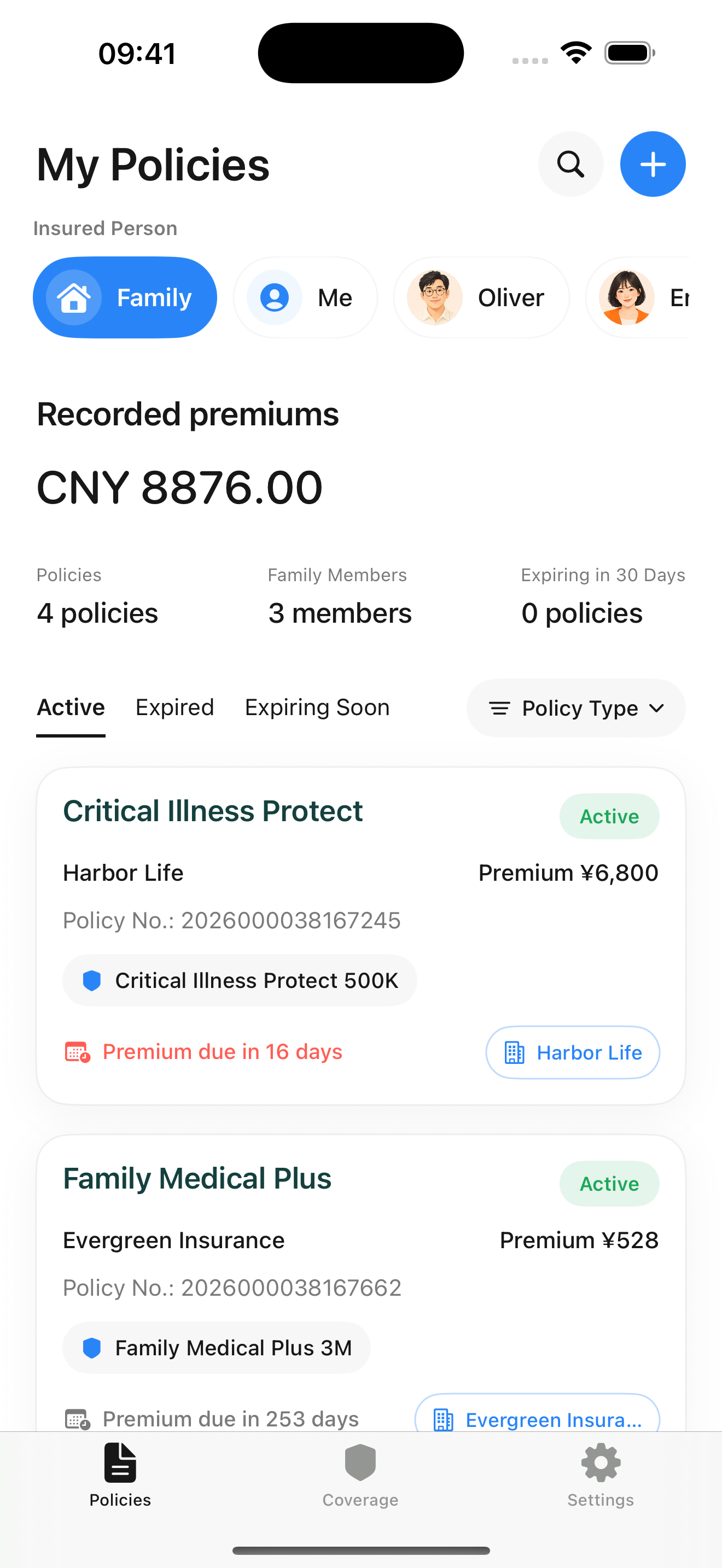 CoverCare policy list showing family filters, annual premiums and policy cards.